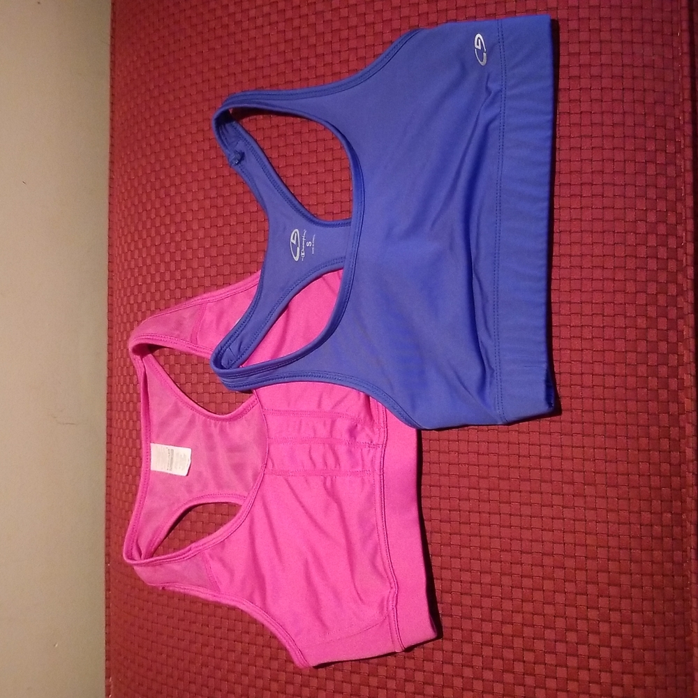 Two Small Sports Bras Pink Head and Blue Champion